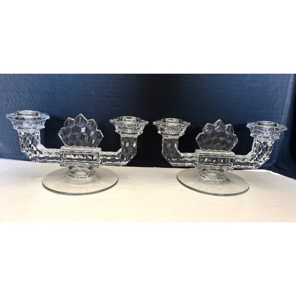 Fostoria American Embossed Crystal Double Candle Holders Set of 2 No Flaws - Picture 2 of 10